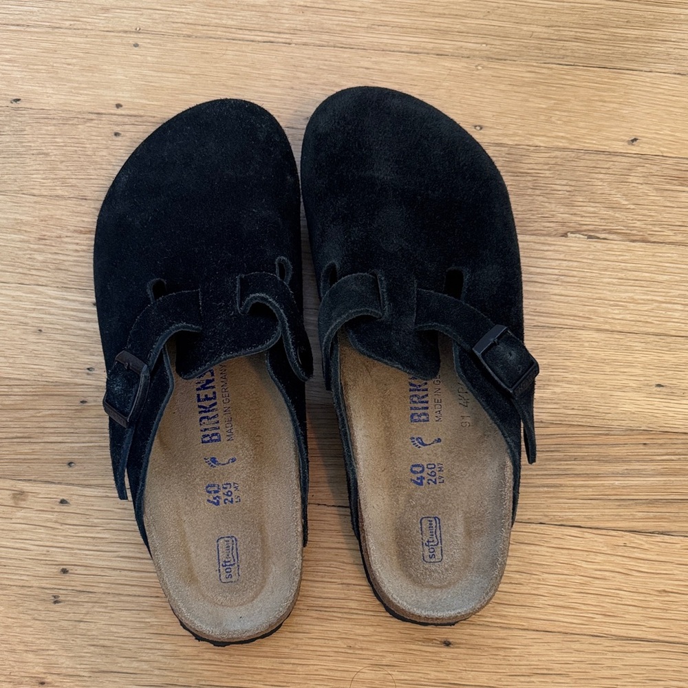 Birkenstock Black Suede Slip-On Clogs with Buckle